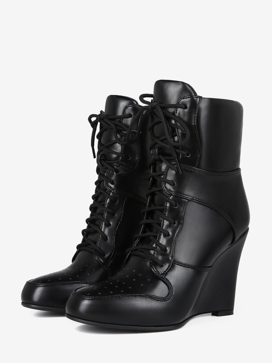 black pointed toe wedge lace up ankle boots — view 5