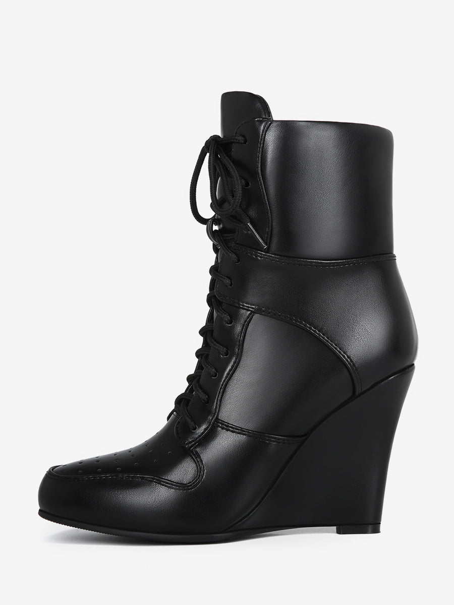 black pointed toe wedge lace up ankle boots — view 3