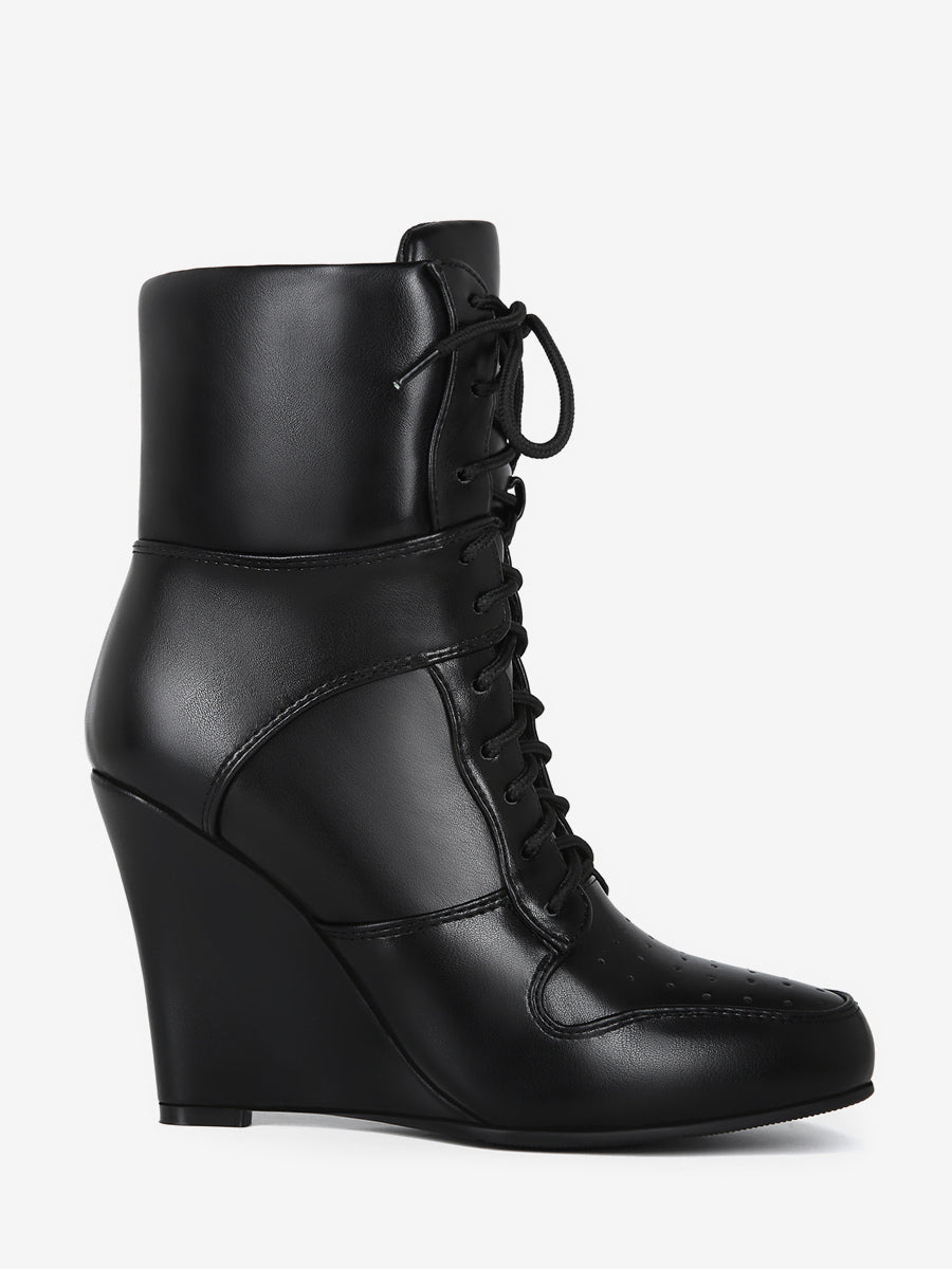 black pointed toe wedge lace up ankle boots — view 2