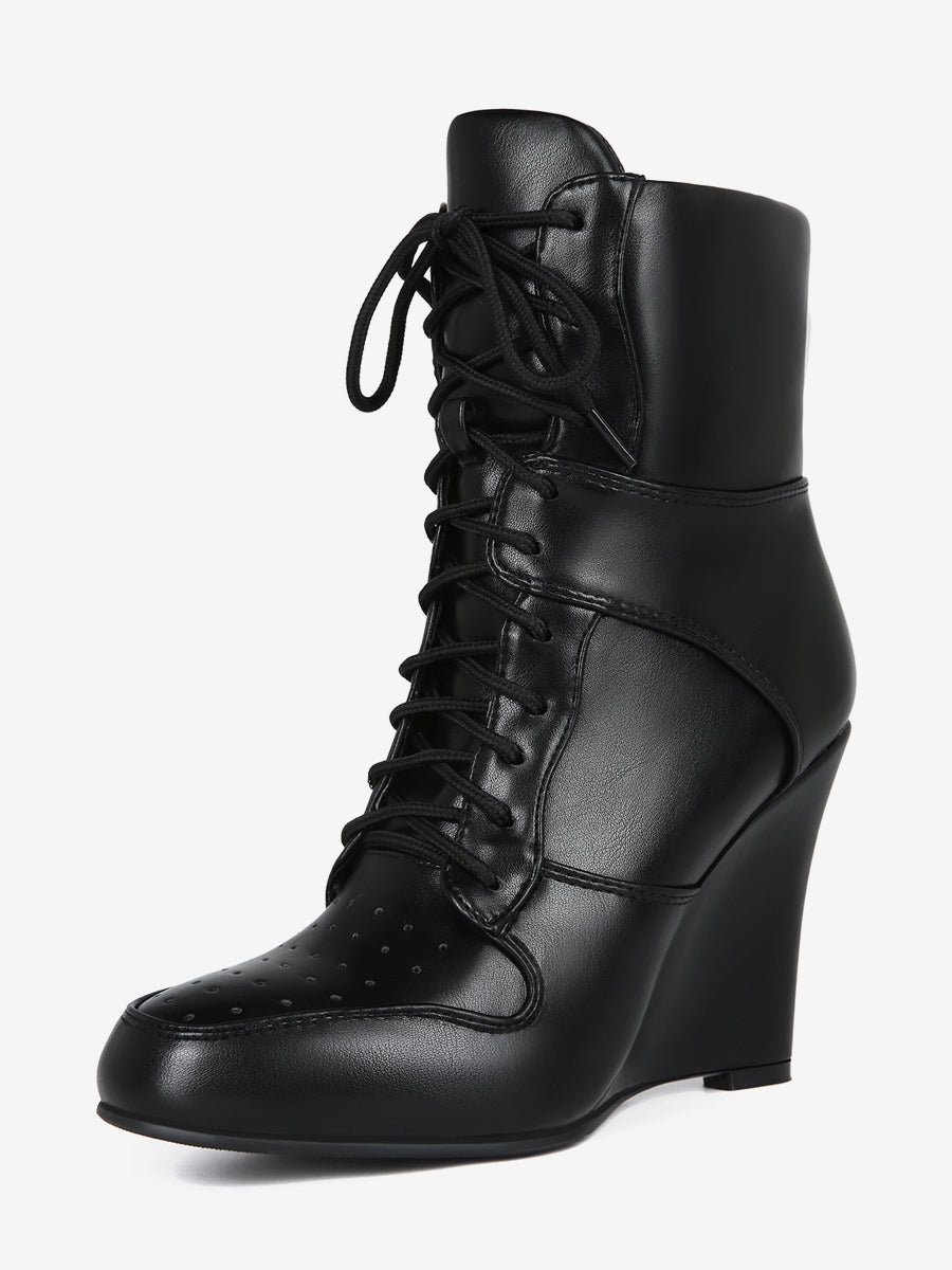 black pointed toe wedge lace up ankle boots — view 1