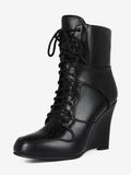 black pointed toe wedge lace up ankle boots — view 1