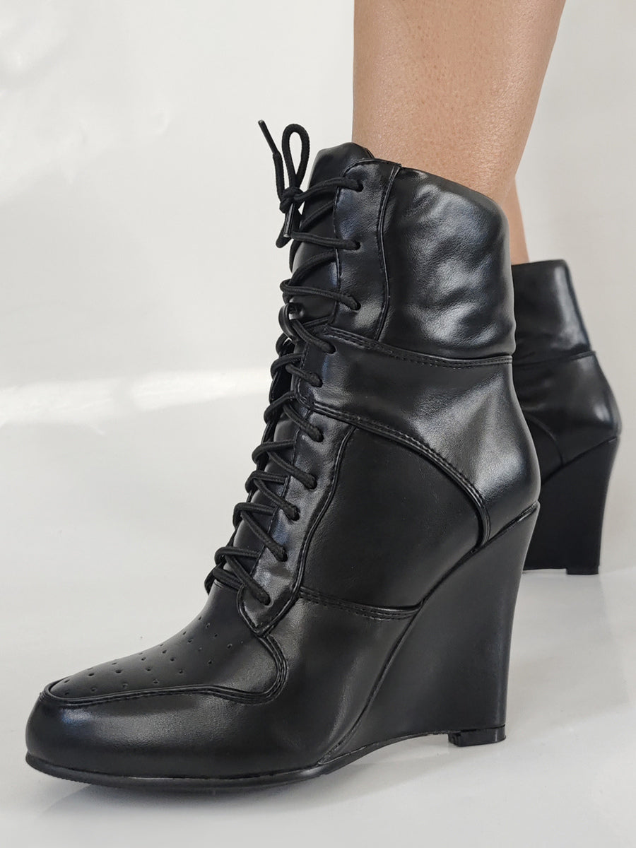 black pointed toe wedge lace up ankle boots — view 7