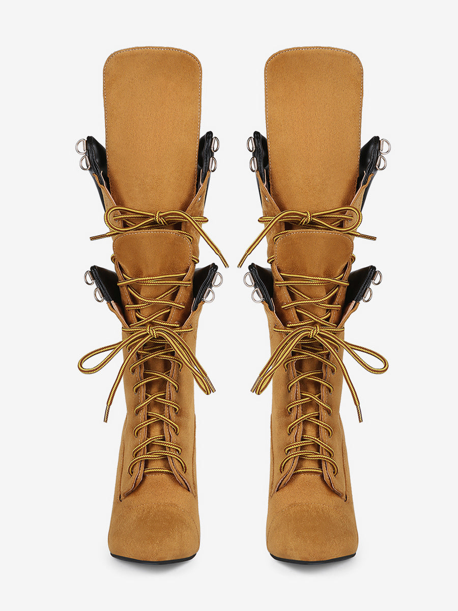 brown pointed toe lace up suede effect mid calf boots — view 7