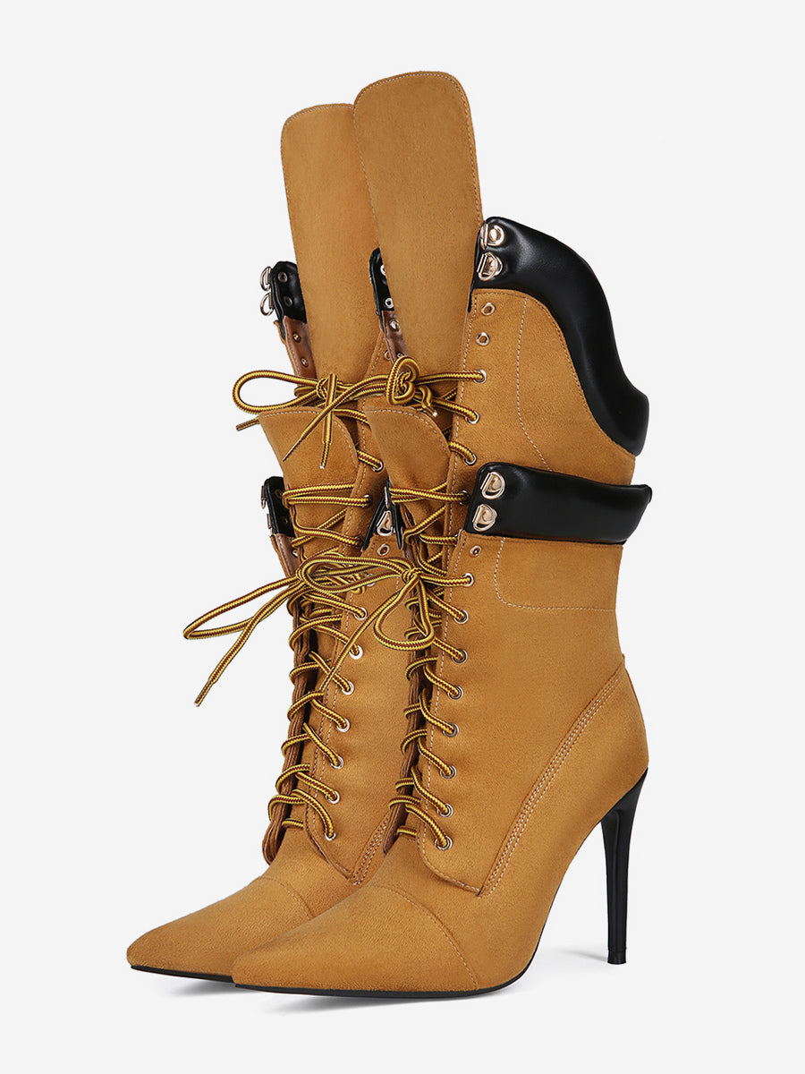 brown pointed toe lace up suede effect mid calf boots — view 6