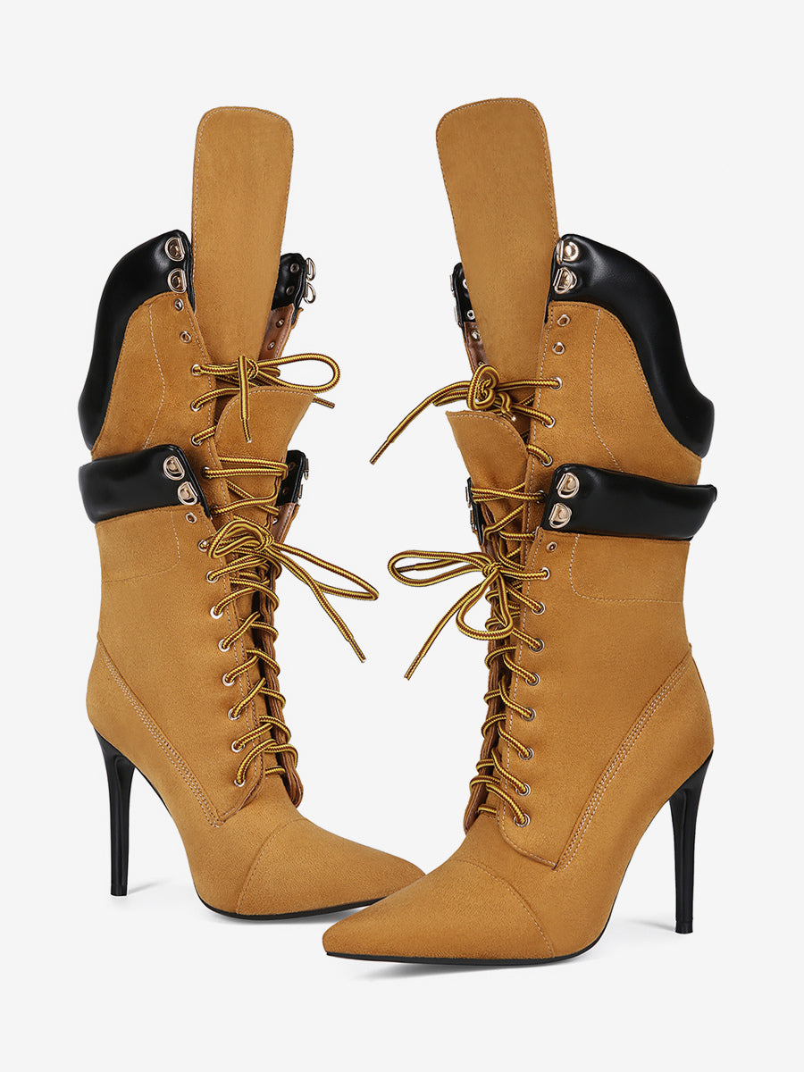 Brown Pointed-Toe Lace-Up Suede-Effect Mid-Calf Boots — view 5