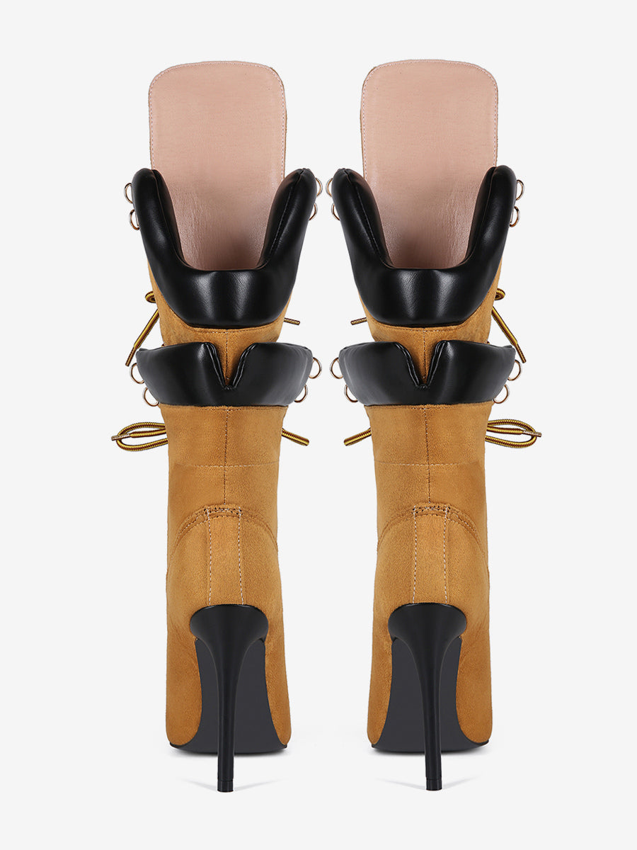 brown pointed toe lace up suede effect mid calf boots — view 4