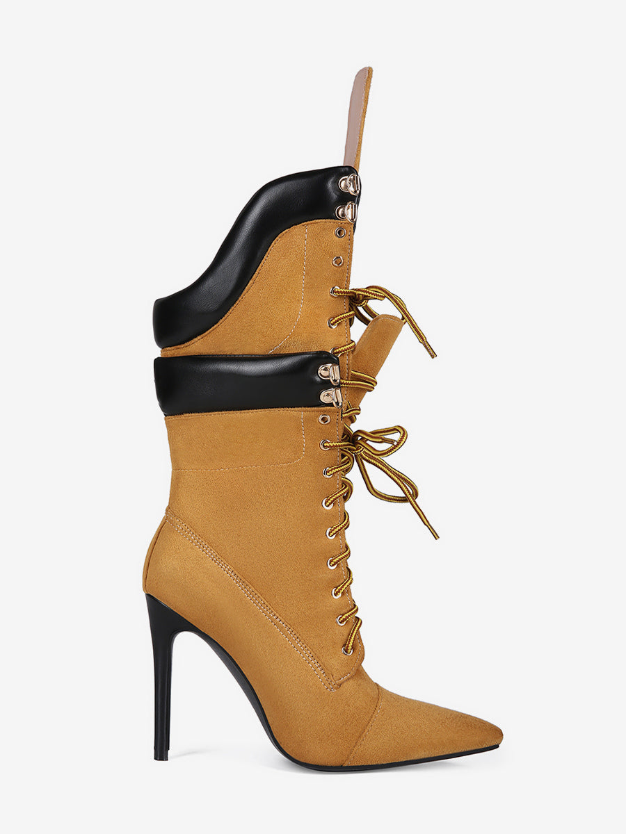 Brown Pointed-Toe Lace-Up Suede-Effect Mid-Calf Boots — view 3