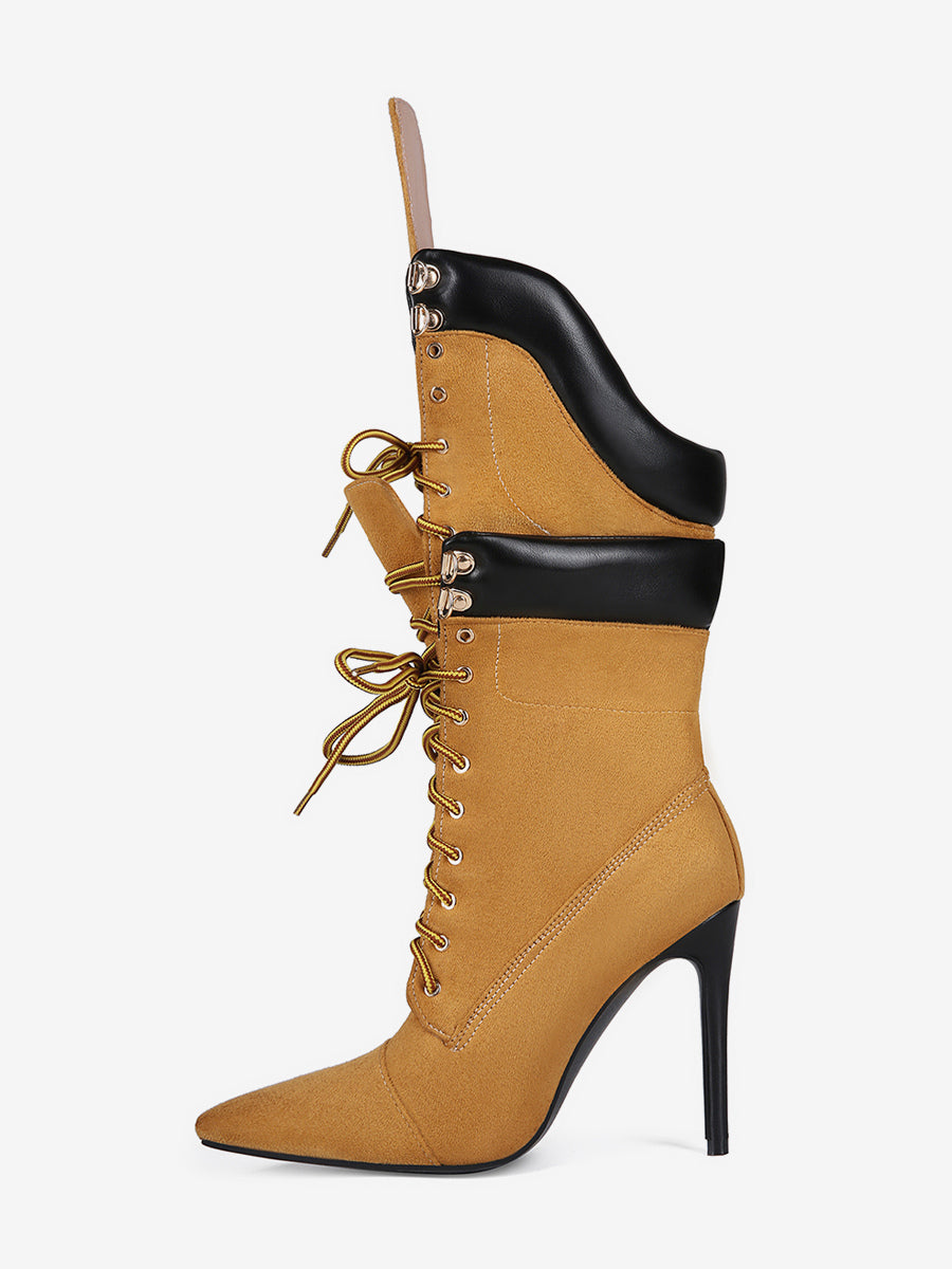 brown pointed toe lace up suede effect mid calf boots — view 2