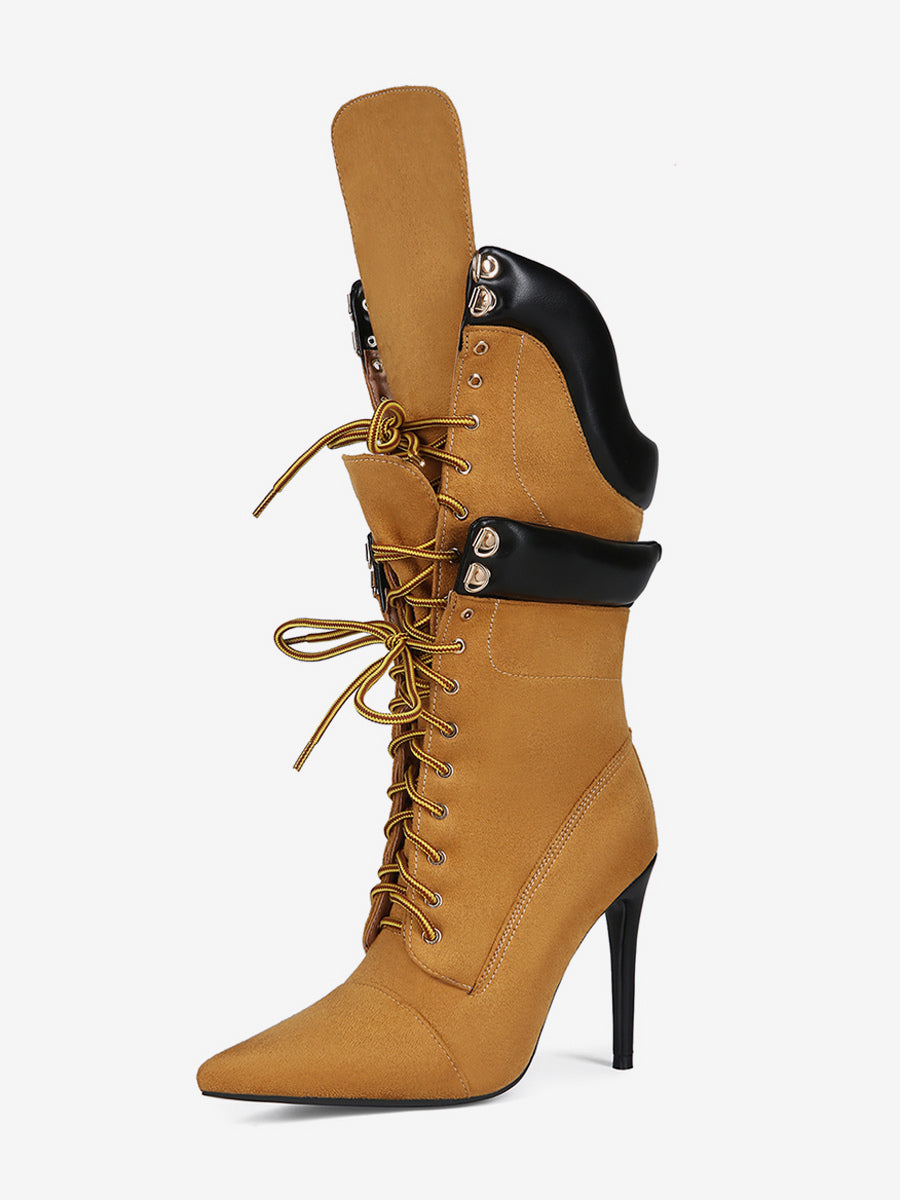 brown pointed toe lace up suede effect mid calf boots — view 1