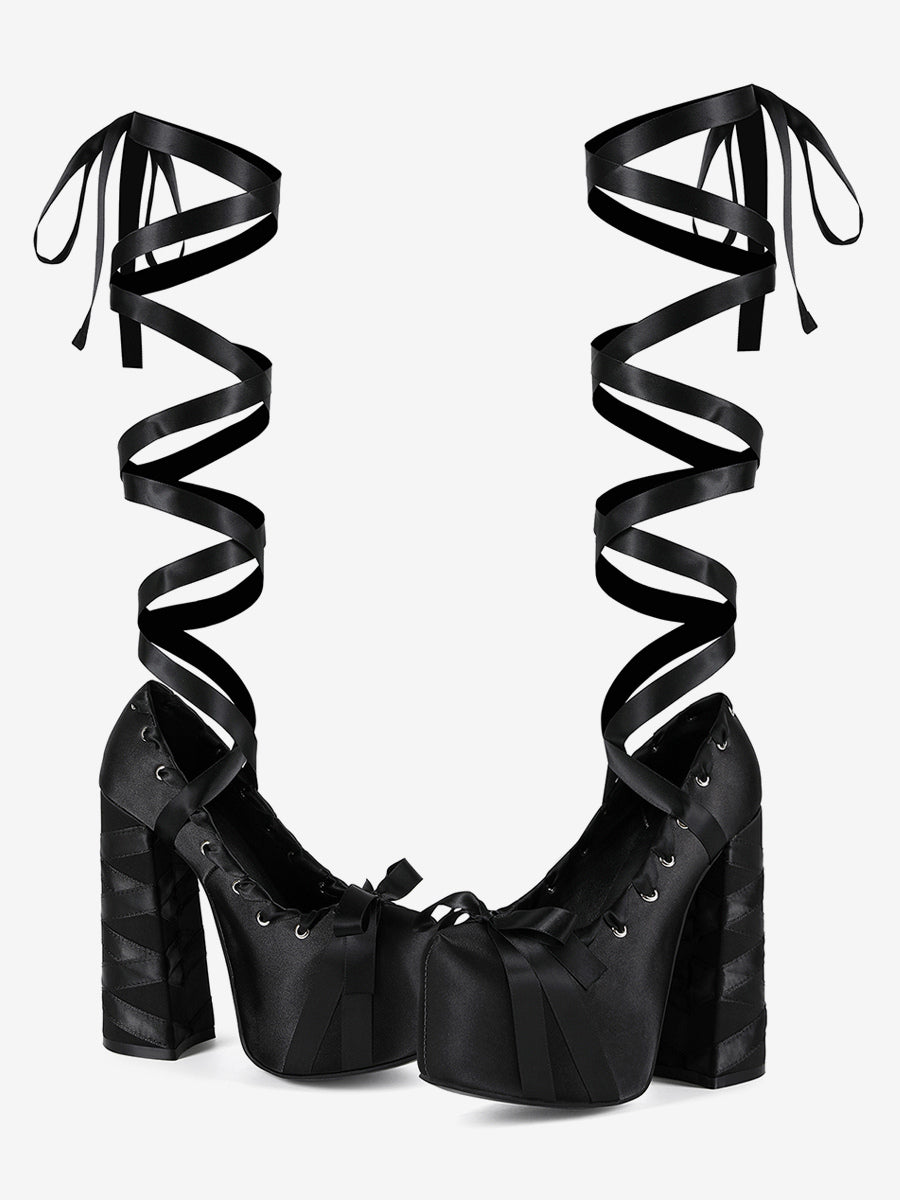 Black Round-Toe Block Heel Lace-Up Court Shoes — view 2