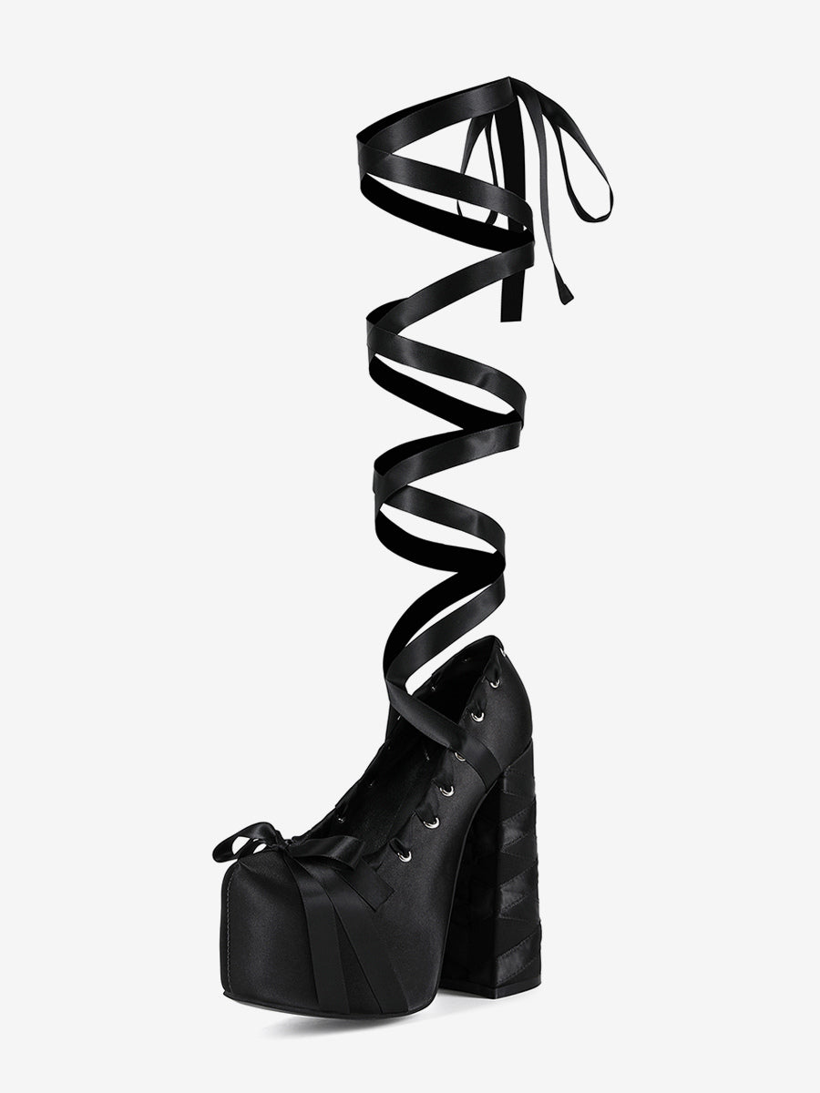Black Round-Toe Block Heel Lace-Up Court Shoes — view 1