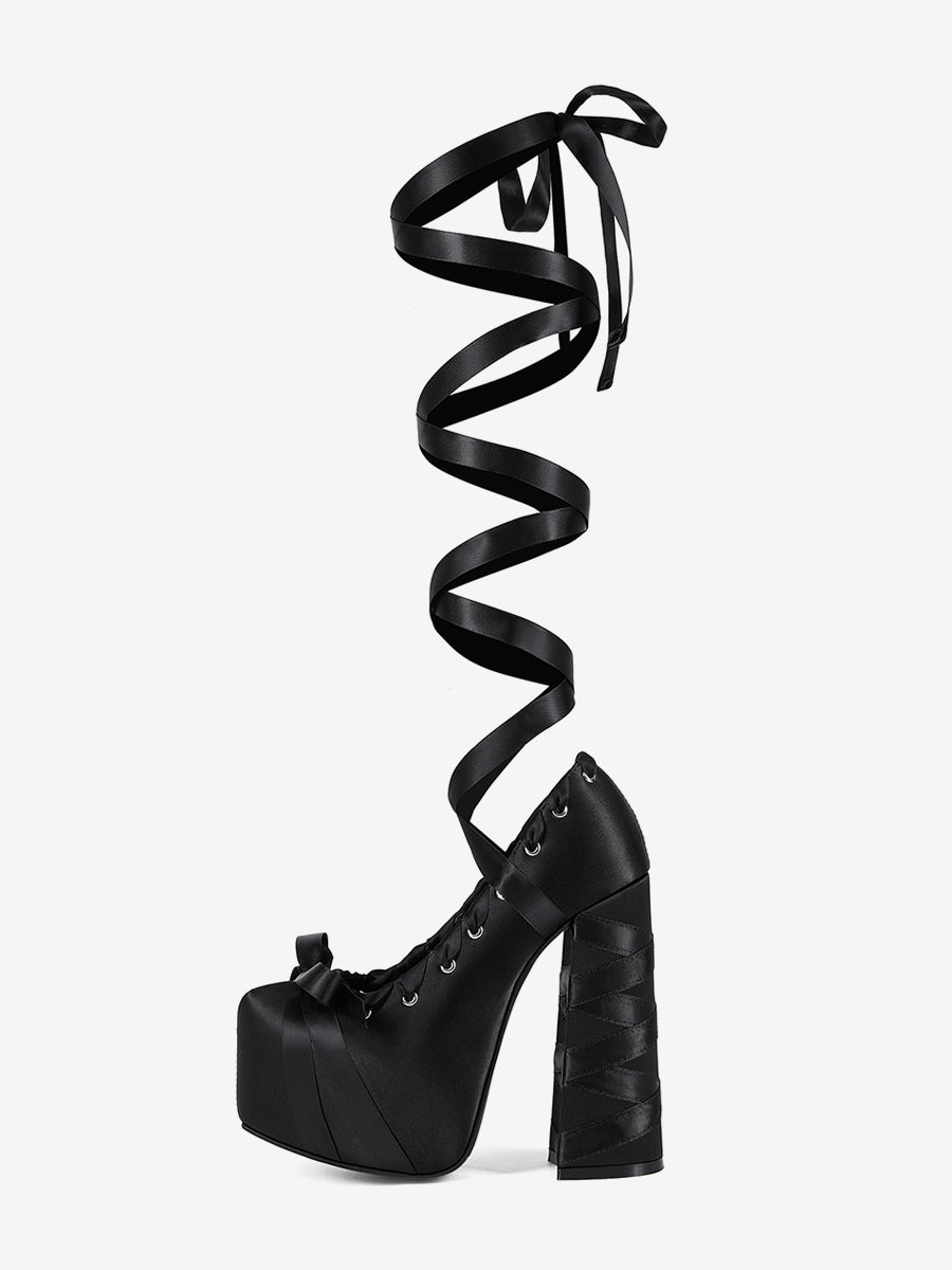 Black Round-Toe Block Heel Lace-Up Court Shoes — view 3