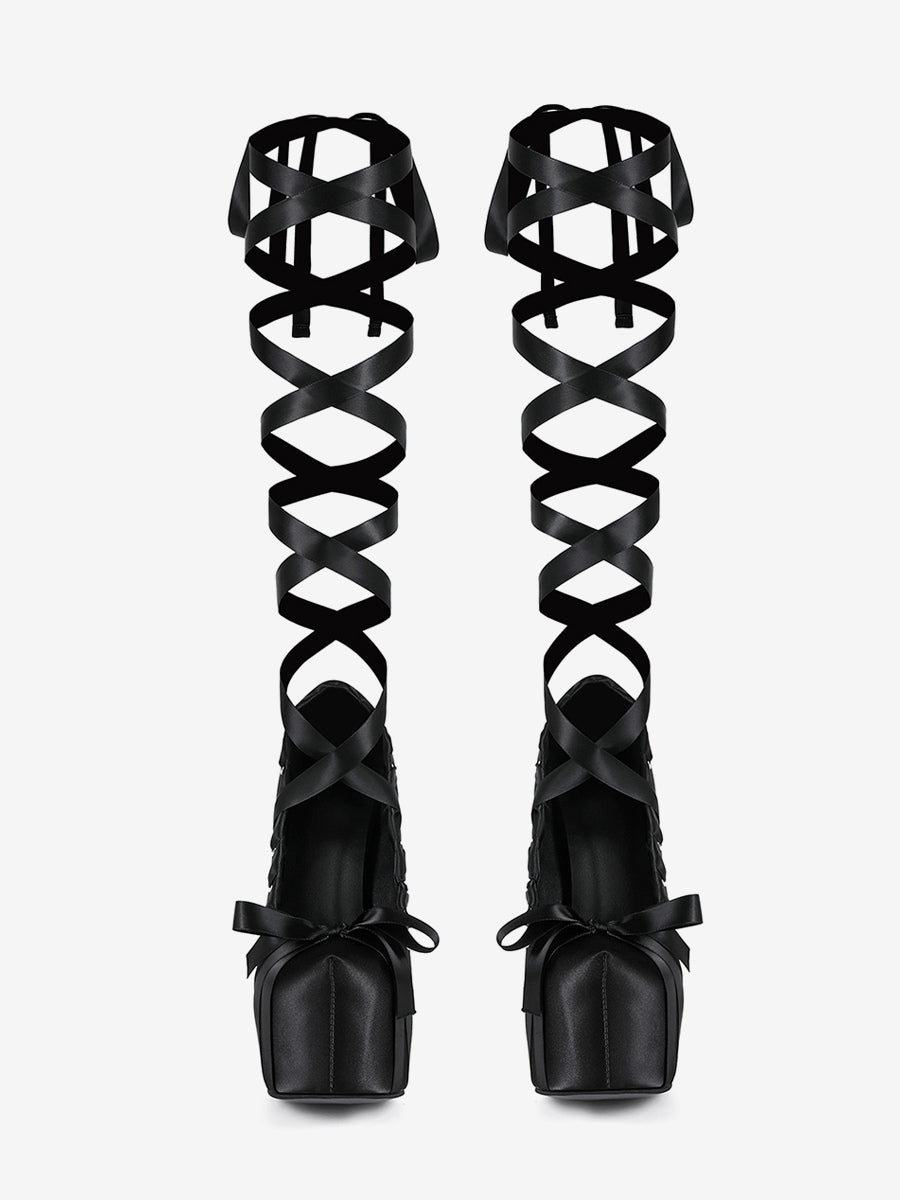 black round toe block heel lace up court shoes — view 4