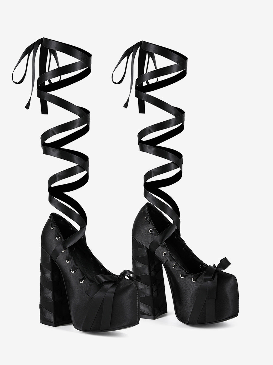 Black Round-Toe Block Heel Lace-Up Court Shoes — view 5