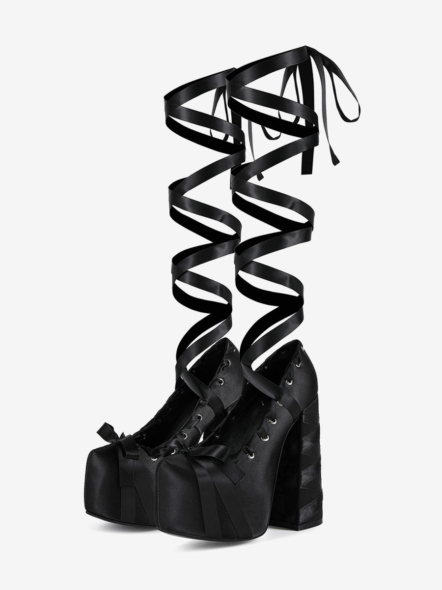 black round toe block heel lace up court shoes — view 6