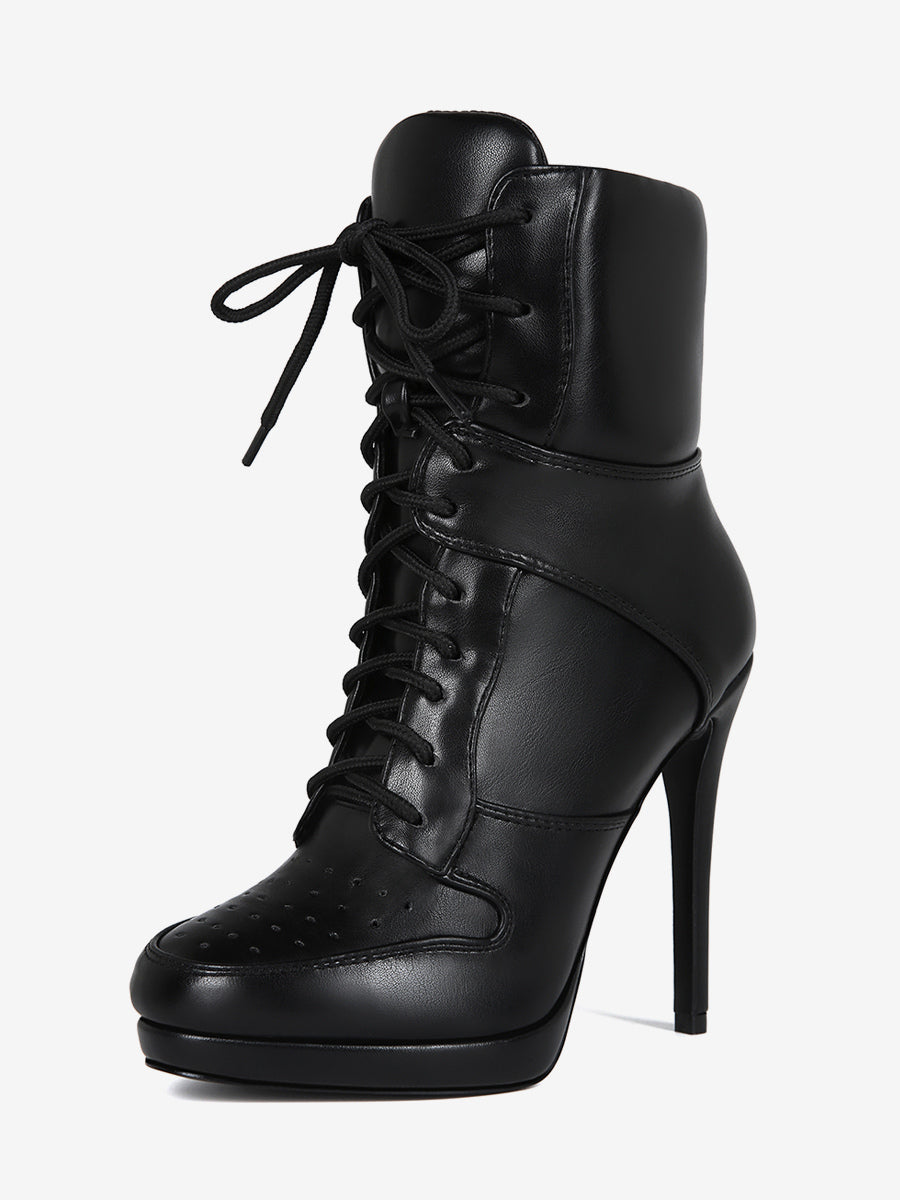 blue round toe lace up contrast panel ankle boots — view 6