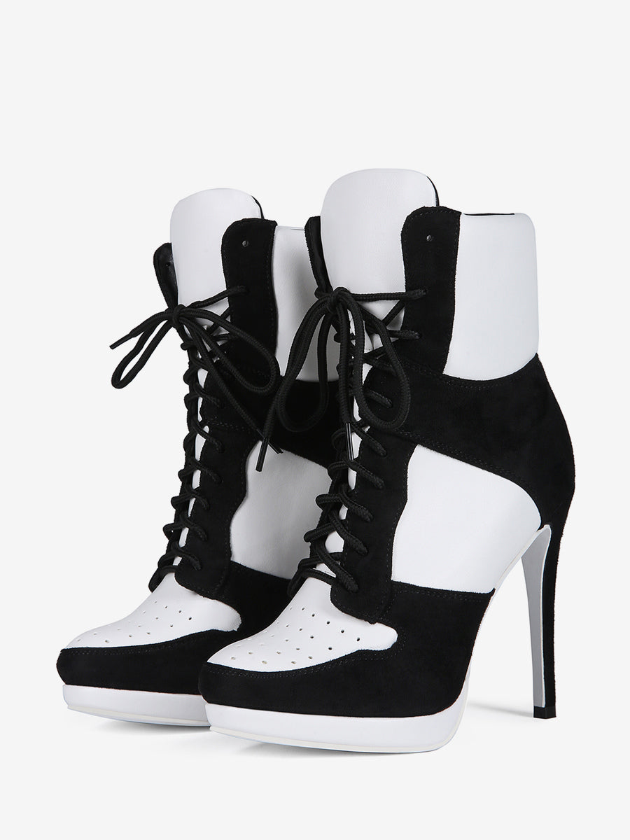 blue round toe lace up contrast panel ankle boots — view 3