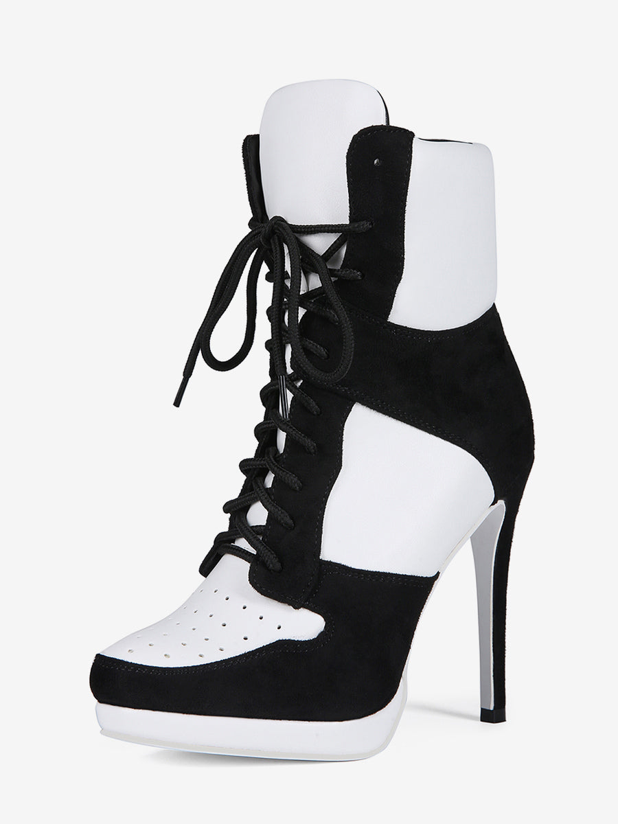blue round toe lace up contrast panel ankle boots — view 1
