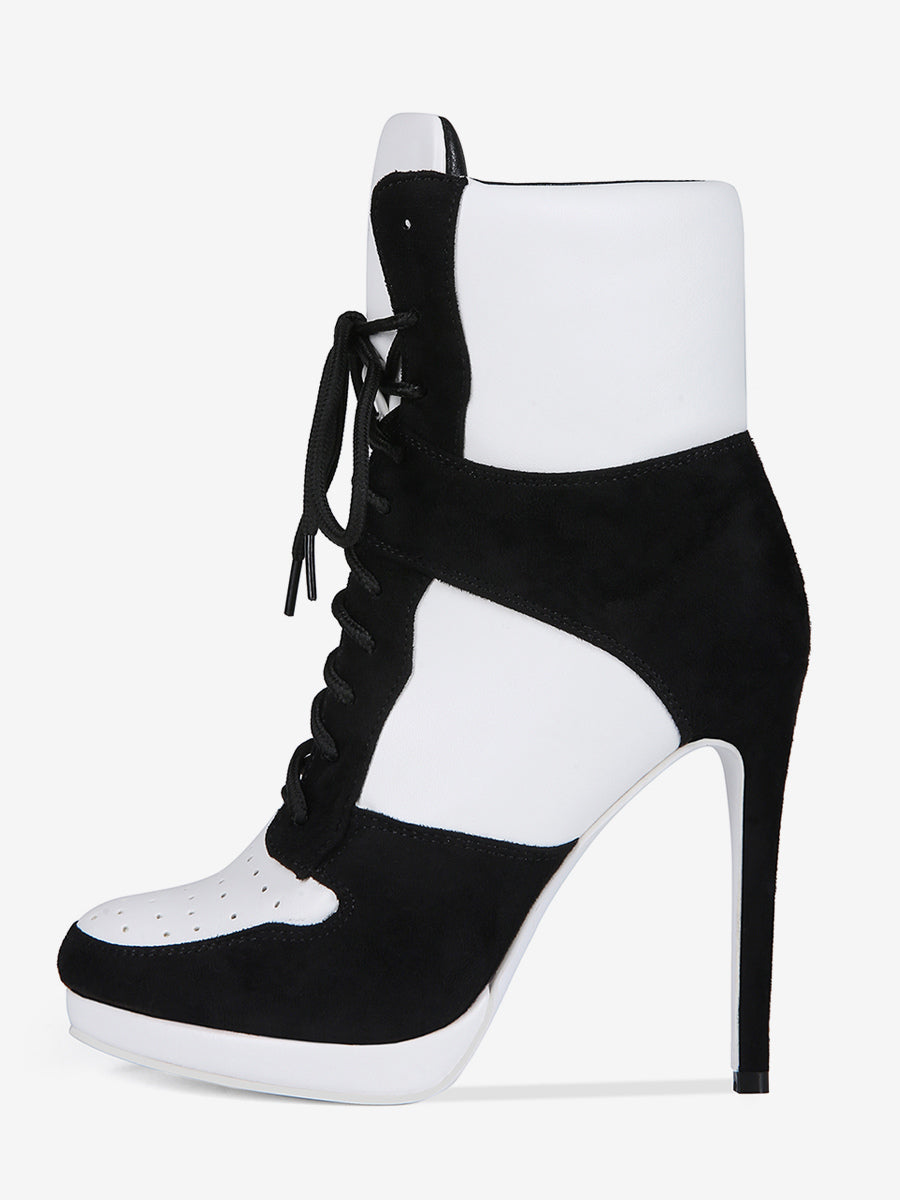 blue round toe lace up contrast panel ankle boots — view 2