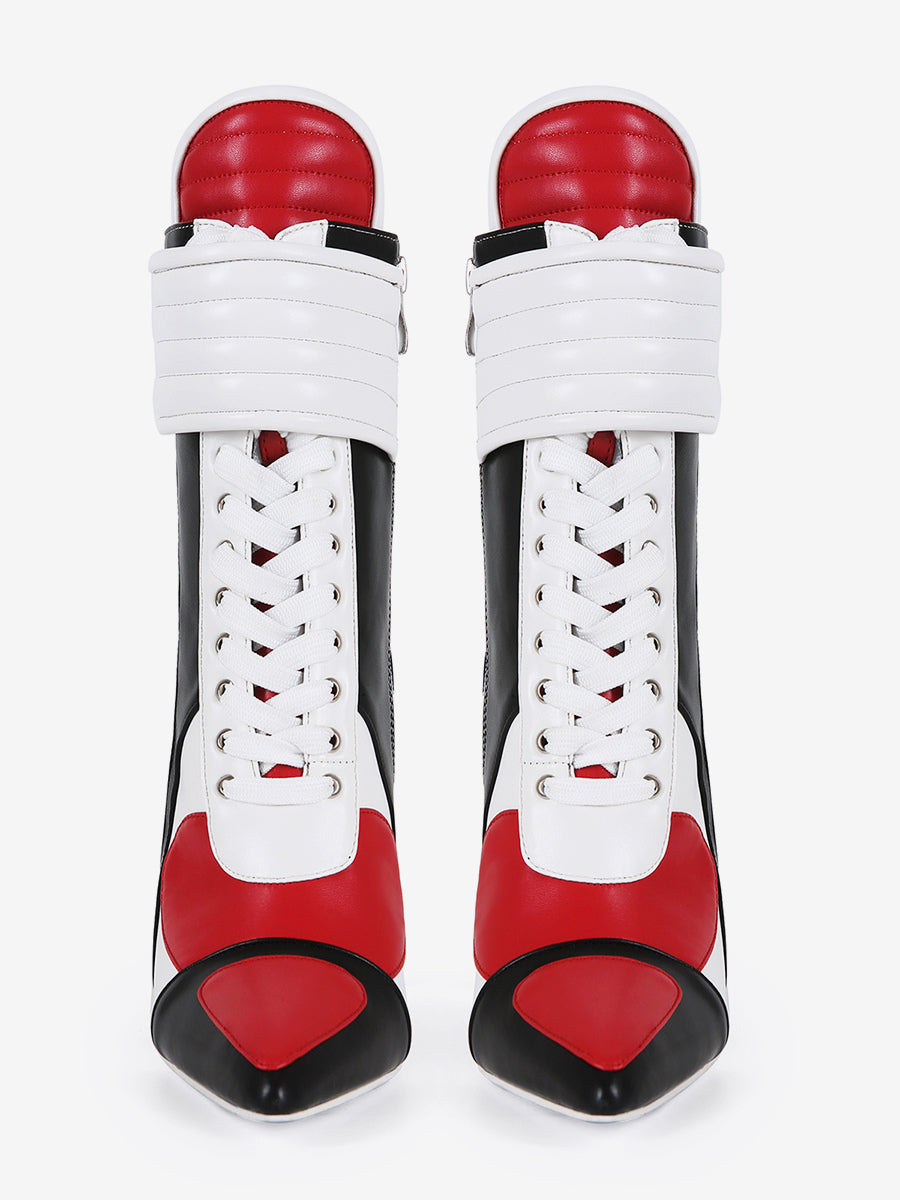 red pointed toe lace up ankle boots — view 2