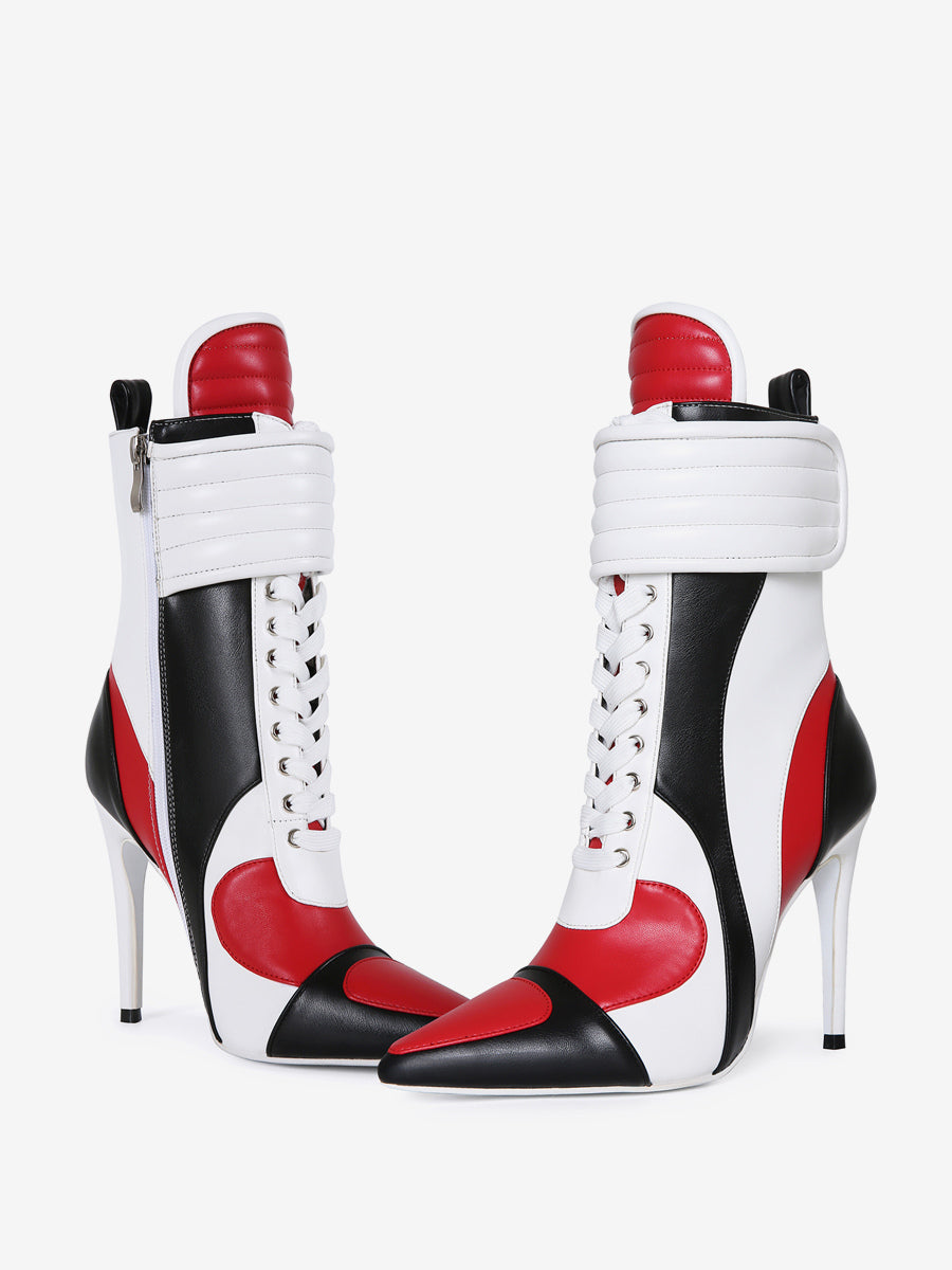 red pointed toe lace up ankle boots — view 3