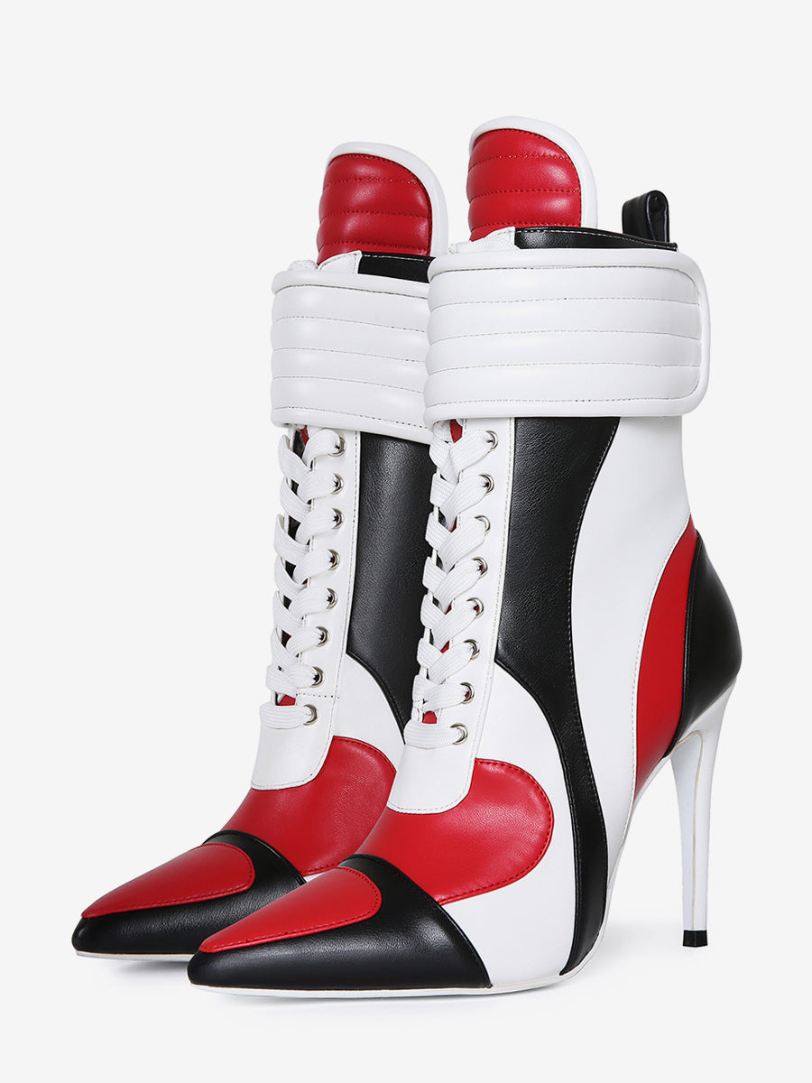 red pointed toe lace up ankle boots — view 4