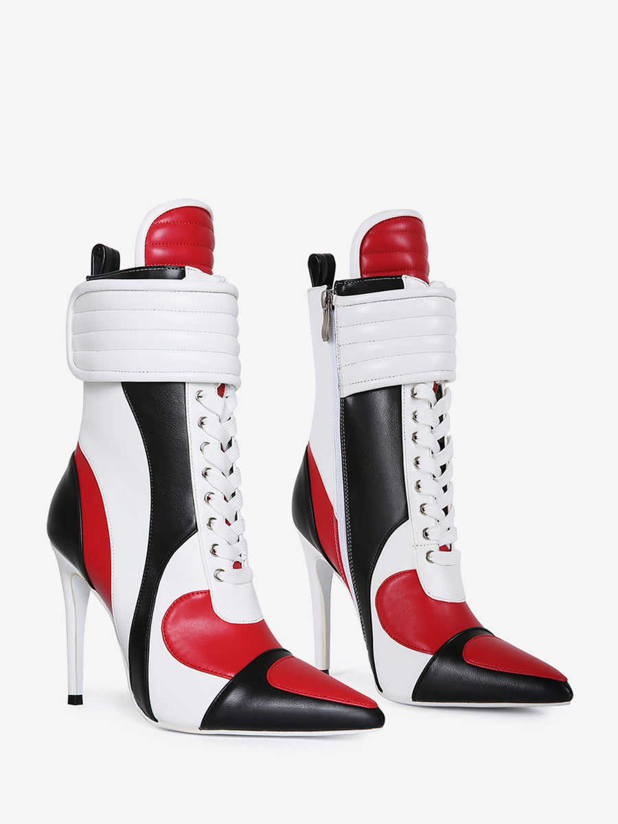 red pointed toe lace up ankle boots — view 5