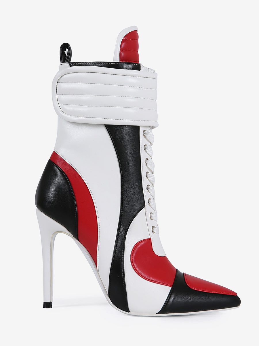 red pointed toe lace up ankle boots — view 6