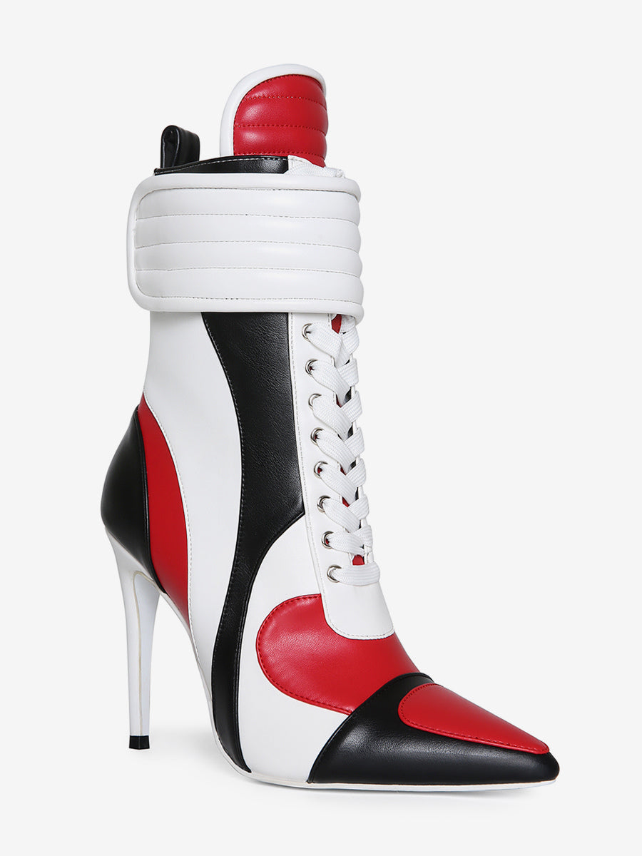 red pointed toe lace up ankle boots — view 7