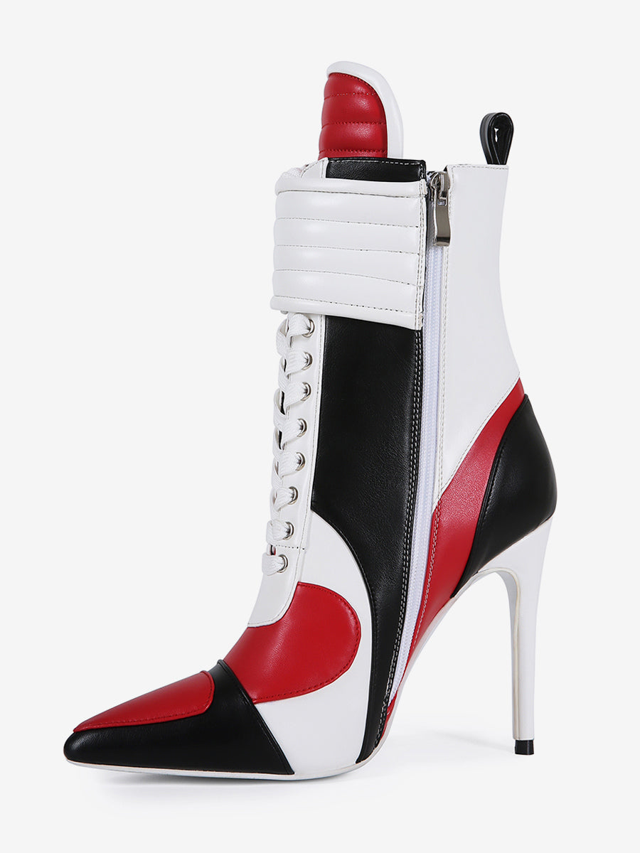 red pointed toe lace up ankle boots — view 9