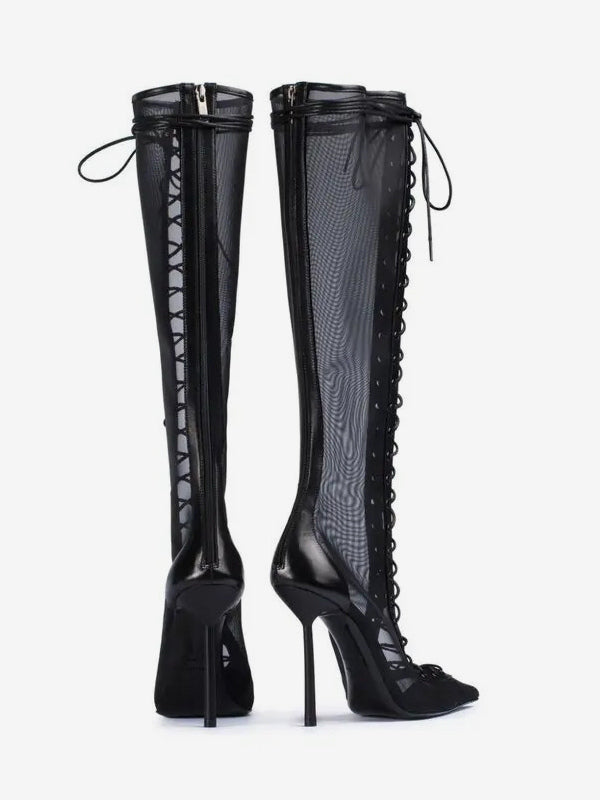Red Pointed-Toe Lace-Up Sheer Knee-High Boots — view 12