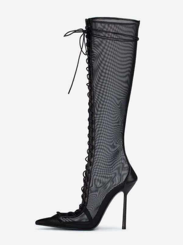 Red Pointed-Toe Lace-Up Sheer Knee-High Boots — view 11