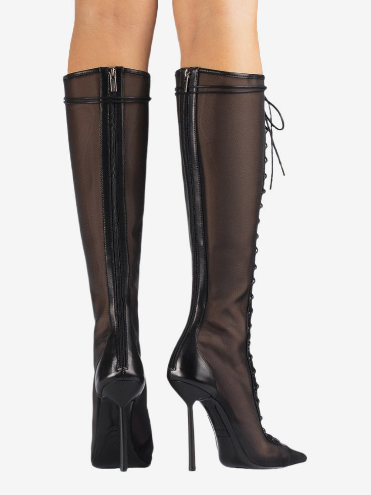red pointed toe lace up sheer knee high boots — view 10