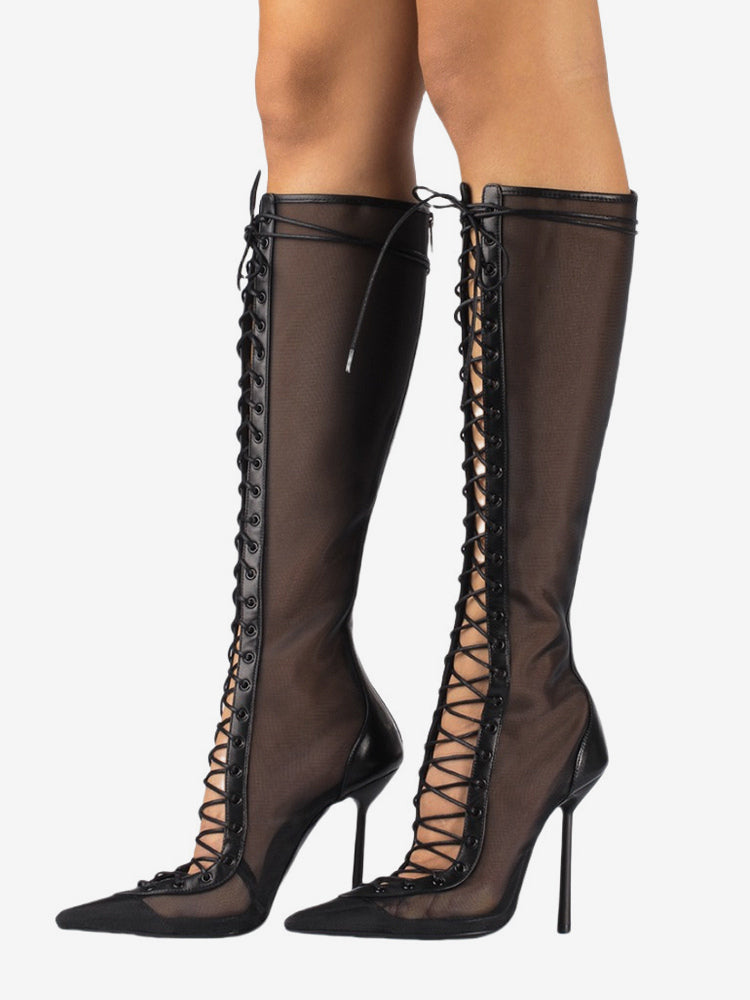Red Pointed-Toe Lace-Up Sheer Knee-High Boots — view 9