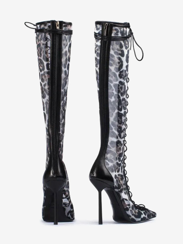 red pointed toe lace up sheer knee high boots — view 7