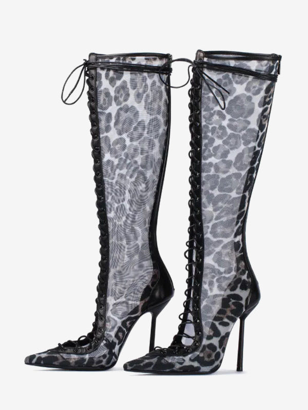 Red Pointed-Toe Lace-Up Sheer Knee-High Boots — view 6