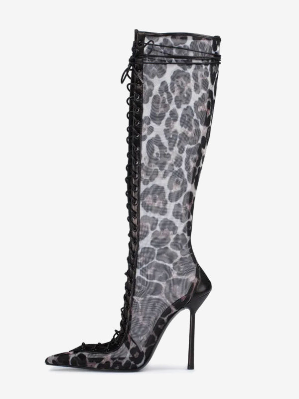 Red Pointed-Toe Lace-Up Sheer Knee-High Boots — view 5