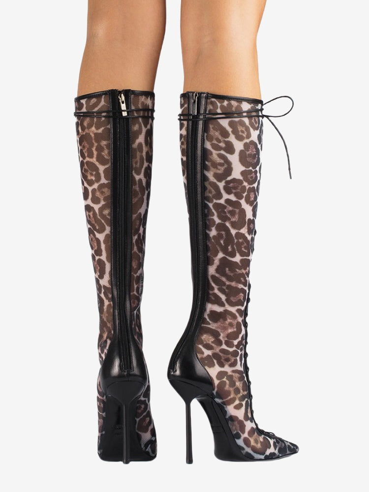 red pointed toe lace up sheer knee high boots — view 4
