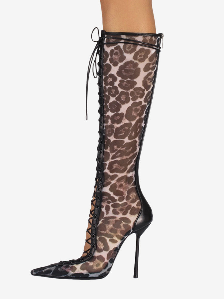 Red Pointed-Toe Lace-Up Sheer Knee-High Boots — view 3