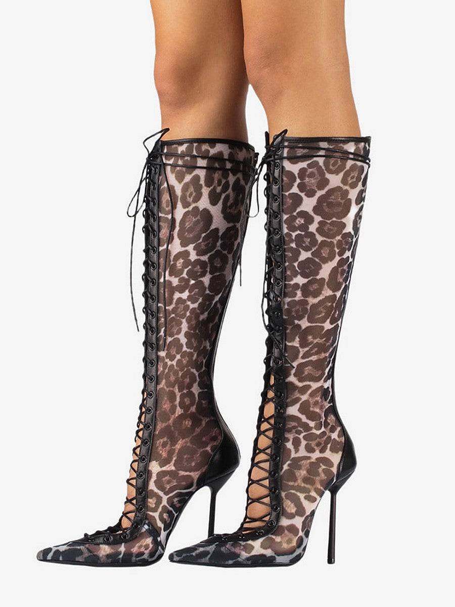 Red Pointed-Toe Lace-Up Sheer Knee-High Boots — view 1