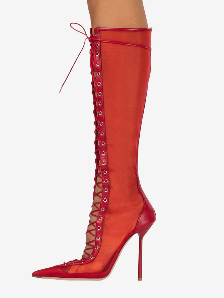 Red Pointed-Toe Lace-Up Sheer Knee-High Boots — view 14