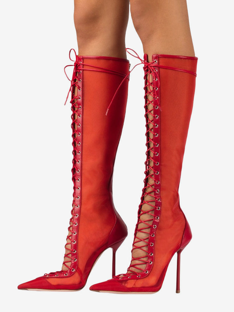 Red Pointed-Toe Lace-Up Sheer Knee-High Boots — view 13