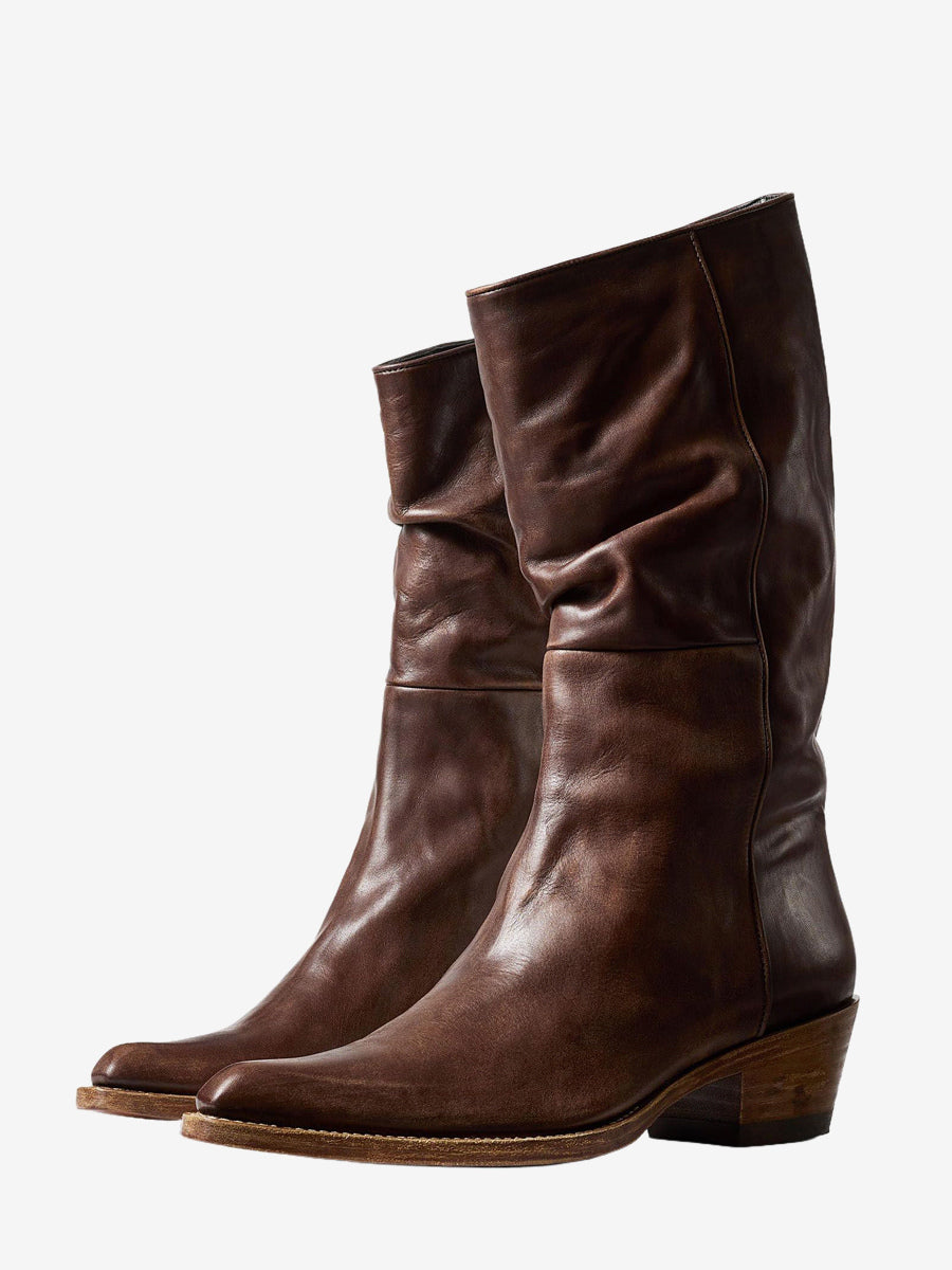 brown pointed toe ruched mid calf boots — view 12