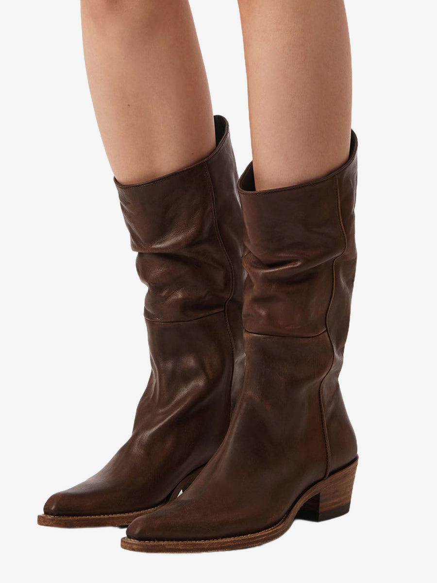 brown pointed toe ruched mid calf boots — view 11