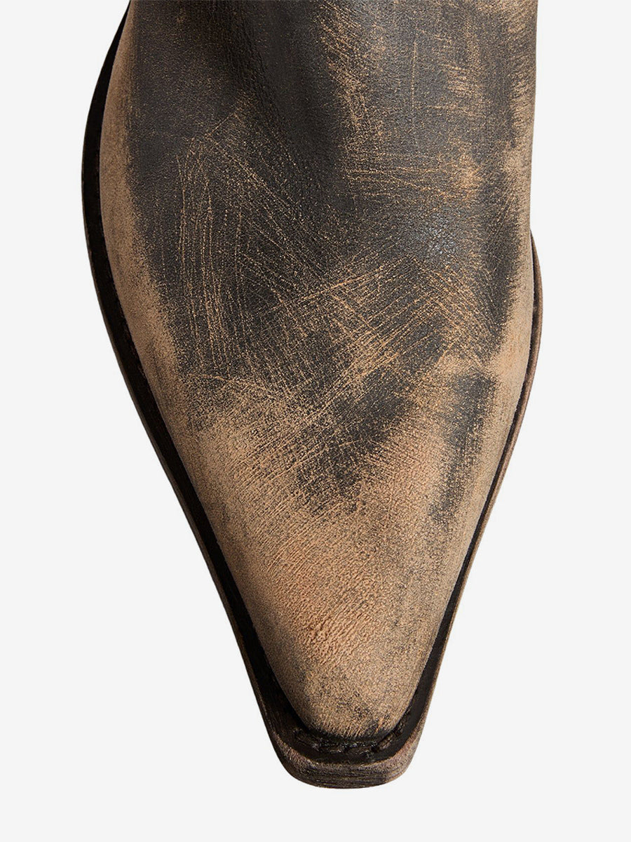 brown pointed toe ruched mid calf boots — view 10