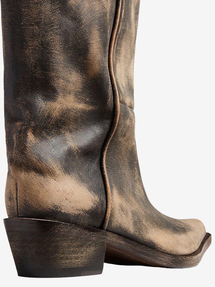 brown pointed toe ruched mid calf boots — view 9