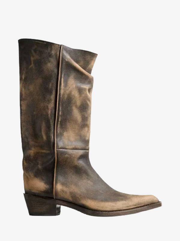 brown pointed toe ruched mid calf boots — view 8
