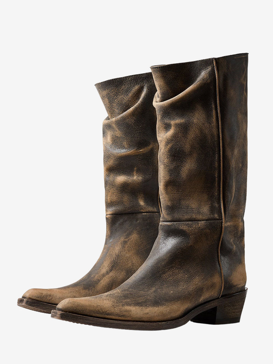 brown pointed toe ruched mid calf boots — view 7