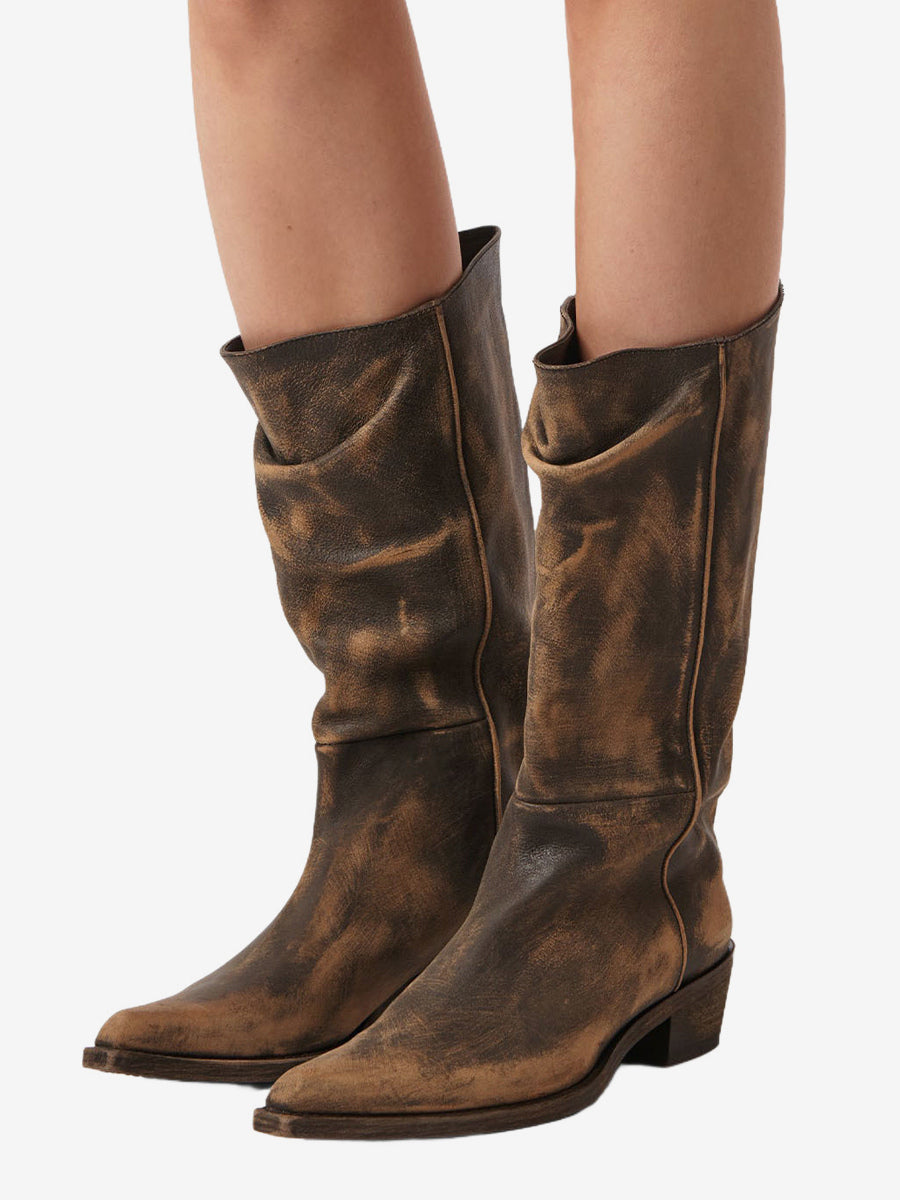 Brown Pointed-Toe Ruched Mid-Calf Boots — view 6