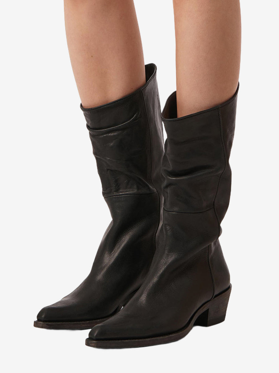 brown pointed toe ruched mid calf boots — view 1
